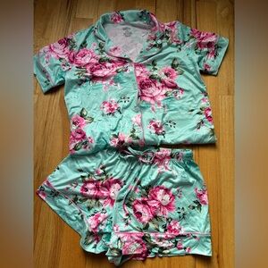 Elegant Floral Satin Pajama Set - Pink and Aqua